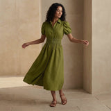 Olive Green 100% Cotton Button-Down Midi Shirt Dress