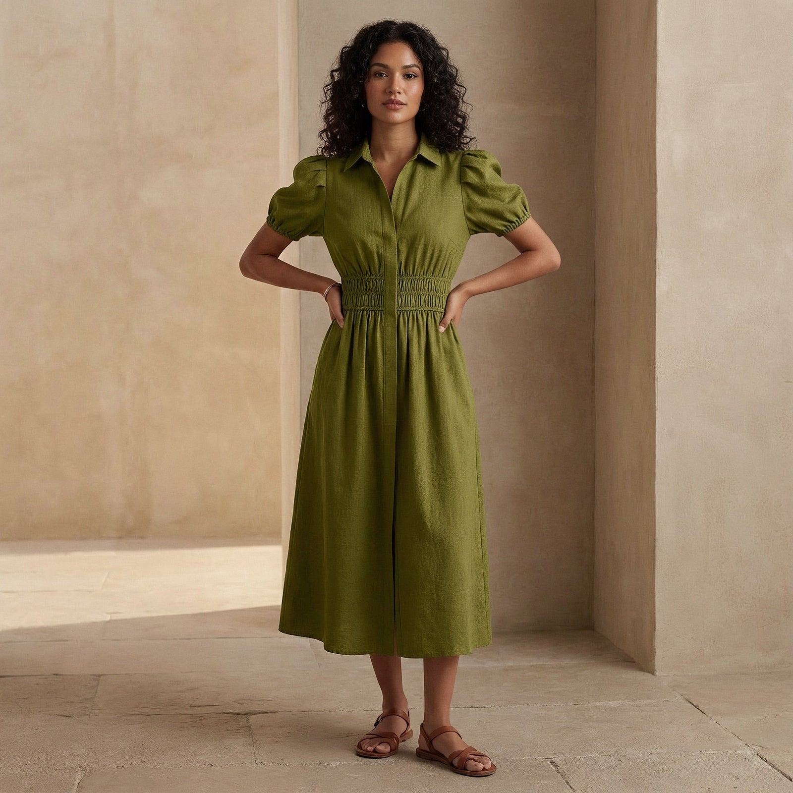 Olive Green 100% Cotton Button-Down Midi Shirt Dress Custom Size (Free) / Regular (5'2