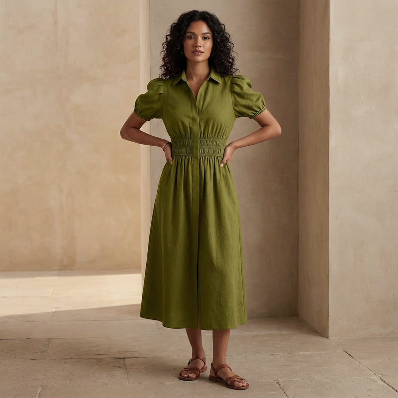 Olive Green 100% Cotton Button-Down Midi Shirt Dress Custom Size (Free) / Regular (5'2" - 5'6") Olive Green 100% Cotton Button-Down Midi Shirt Dress Custom Size (Free) / Regular (5'2" - 5'6")