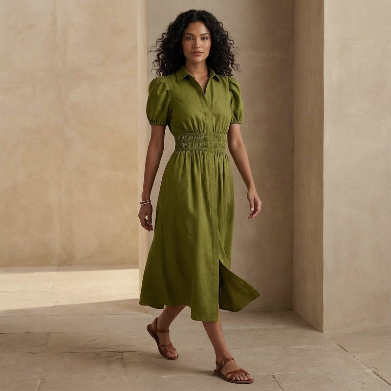 Olive Green 100% Cotton Button-Down Midi Shirt Dress Custom Size (Free) / Regular (5'2" - 5'6") Olive Green 100% Cotton Button-Down Midi Shirt Dress Custom Size (Free) / Regular (5'2" - 5'6")