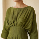 Olive Green 100% Cotton Cinched Waist Flared Maxi Dress