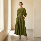 Olive Green 100% Cotton Cinched Waist Flared Maxi Dress