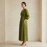 Olive Green 100% Cotton Deep-V Neck Empire Waist Maxi Dress
