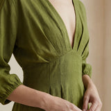 Olive Green 100% Cotton Deep-V Neck Empire Waist Maxi Dress