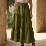 Olive Green 100% Cotton Elasticated Maxi Tier Skirt