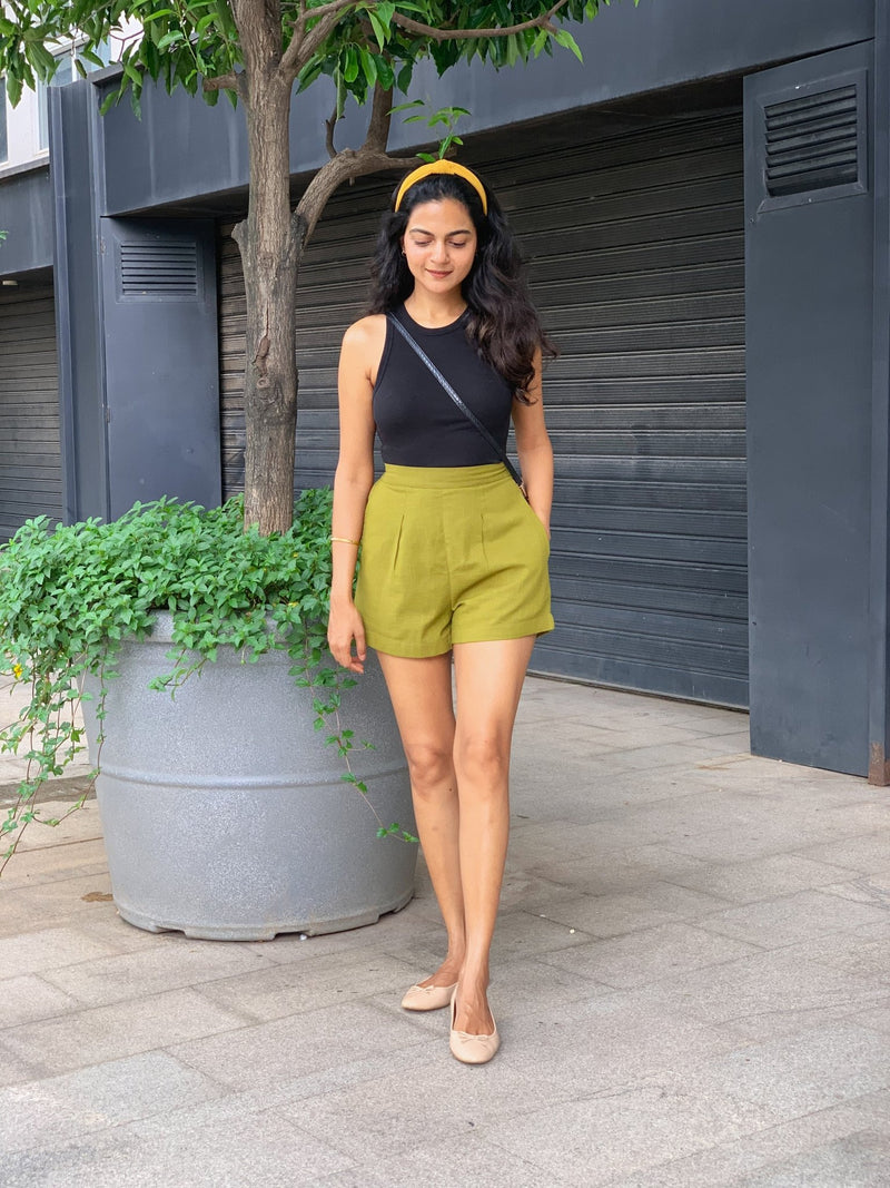 Olive Green 100% Cotton Elasticated Shorts