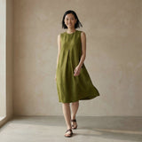 Olive Green 100% Cotton Sleeveless Paneled Swing Dress