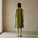 Olive Green 100% Cotton Sleeveless Paneled Swing Dress