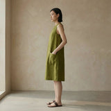 Olive Green 100% Cotton Sleeveless Paneled Swing Dress
