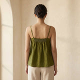 Olive Green 100% Cotton Spaghetti Strap Top with Elastic Gathered Back