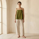 Olive Green 100% Cotton Spaghetti Strap Top with Elastic Gathered Back