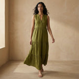 Olive Green 100% Cotton V-Neck Maxi Tier Dress
