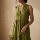 Olive Green 100% Cotton V-Neck Maxi Tier Dress