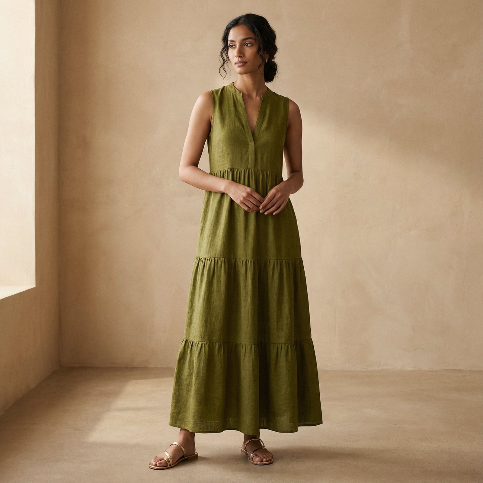 Olive Green 100% Cotton V-Neck Maxi Tier Dress Custom Size (Free) / Regular (5'2
