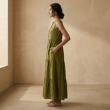 Olive Green 100% Cotton V-Neck Maxi Tier Dress