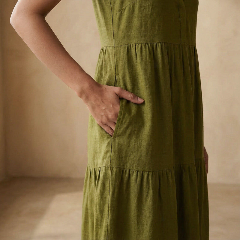 Olive Green 100% Cotton V-Neck Maxi Tier Dress Custom Size (Free) / Regular (5'2