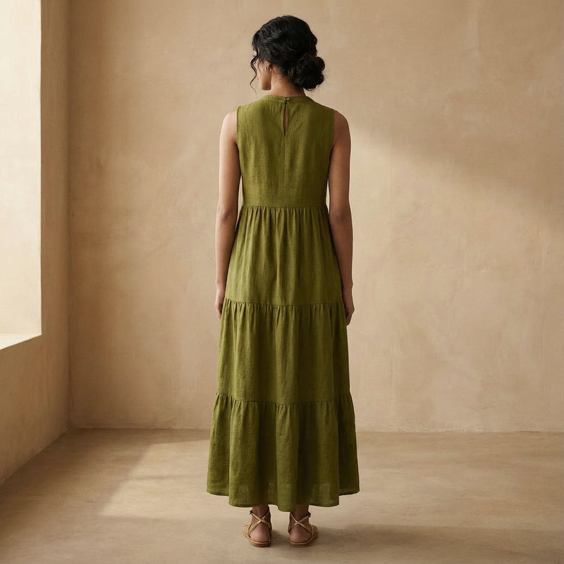 Olive Green 100% Cotton V-Neck Maxi Tier Dress Custom Size (Free) / Regular (5'2" - 5'6") Olive Green 100% Cotton V-Neck Maxi Tier Dress Custom Size (Free) / Regular (5'2" - 5'6")