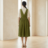 Olive Green 100% Cotton V-Neck Pinafore Midi Wrap Dress