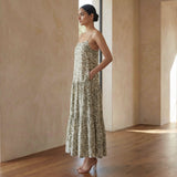 Olive Green Block Print Cotton Drop-Waist Camisole Maxi Tier Dress