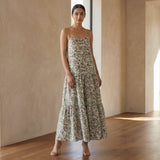 Olive Green Block Print Cotton Drop-Waist Camisole Maxi Tier Dress