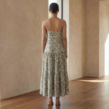 Olive Green Block Print Cotton Drop-Waist Camisole Maxi Tier Dress