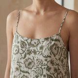 Olive Green Block Print Cotton Drop-Waist Camisole Maxi Tier Dress