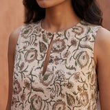 Olive Green Block Print Cotton Sleeveless A-Line Short Shift Dress