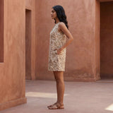 Olive Green Block Print Cotton Sleeveless A-Line Short Shift Dress