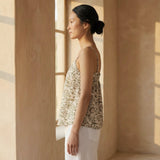 Olive Green Block Printed Cotton Spaghetti Strap Top with Elastic Gathered Back