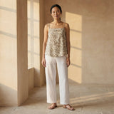 Olive Green Block Printed Cotton Spaghetti Strap Top with Elastic Gathered Back