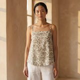 Olive Green Block Printed Cotton Spaghetti Strap Top with Elastic Gathered Back