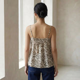 Olive Green Block Printed Cotton Spaghetti Strap Top with Elastic Gathered Back