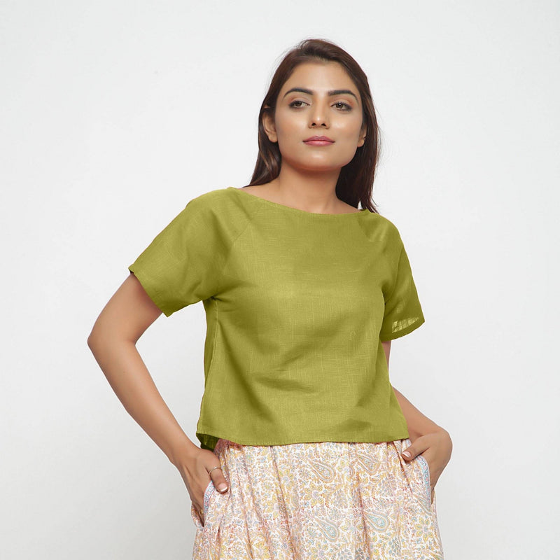 Olive Green Boat Neck Half Sleeve Cotton Top