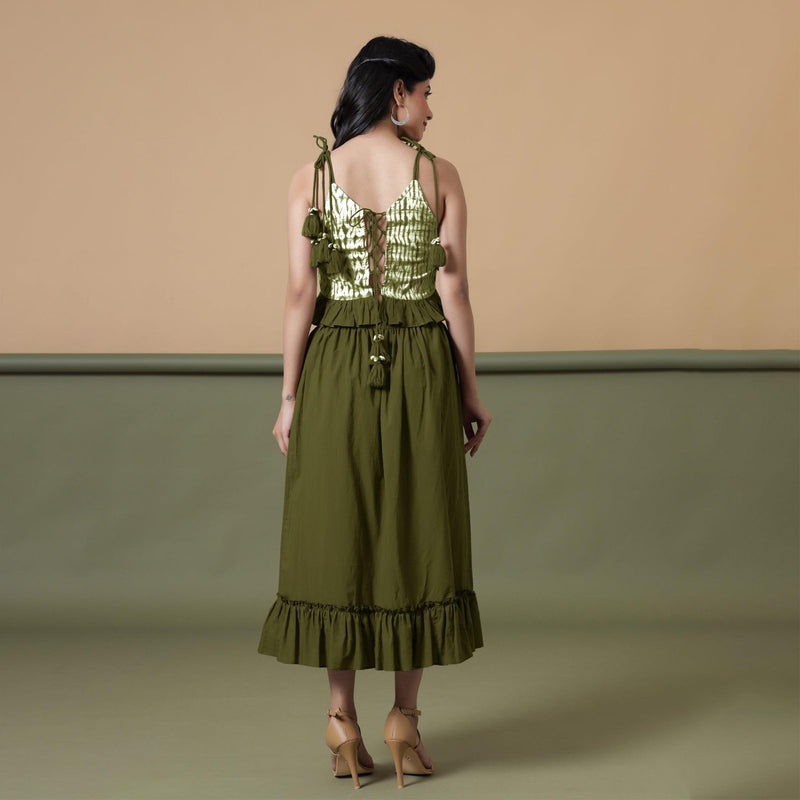 Back View of a Model wearing Olive Green Shibori Camisole Top