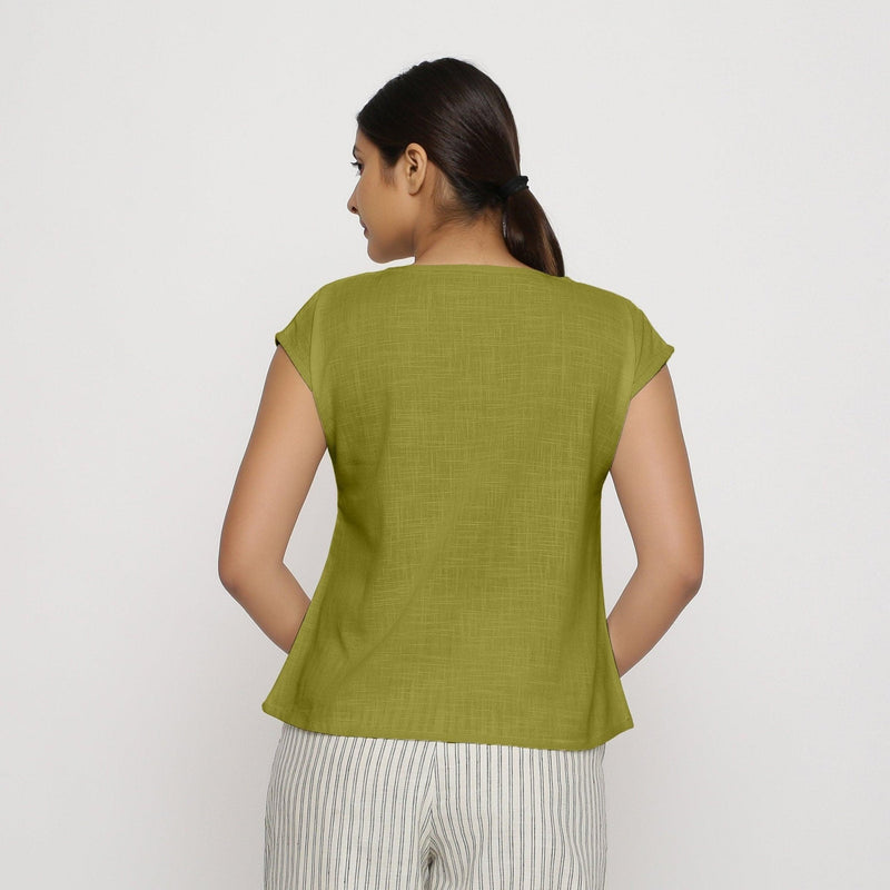 Back View of a Model wearing Olive Green Cotton Slub Straight Top