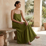 Olive Green Cotton Drop-Waist Camisole Maxi Tier Dress