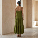 Olive Green Cotton Drop-Waist Camisole Maxi Tier Dress