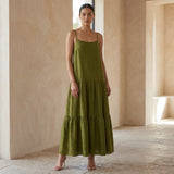 Olive Green Cotton Drop-Waist Camisole Maxi Tier Dress