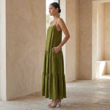 Olive Green Cotton Drop-Waist Camisole Maxi Tier Dress