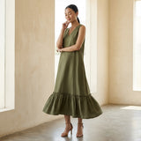 Olive Green Cotton Flax A-Line V-Neck Sleeveless Maxi Tier Dress