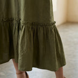 Olive Green Cotton Flax A-Line V-Neck Sleeveless Maxi Tier Dress