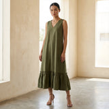 Olive Green Cotton Flax A-Line V-Neck Sleeveless Maxi Tier Dress