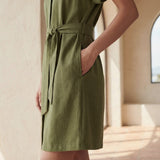 Olive Green Cotton Flax A-Line Short Dress with Belt