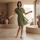 Olive Green Cotton Flax A-Line Short Dress with Belt