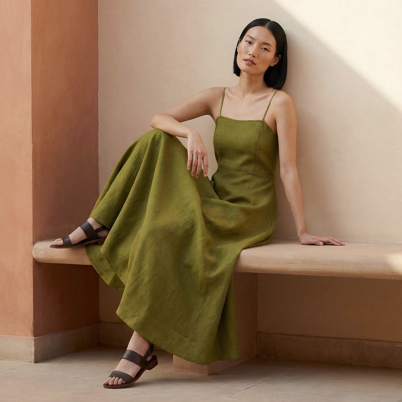 olive green sun dress Olive Green Cotton Flax Ankle Length Flared Sundress 44" / Tall (5'7" and above)
