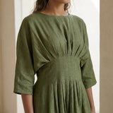 Olive Green Cotton Flax Cinched Waist Flared Maxi Dress