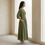 Olive Green Cotton Flax Cinched Waist Flared Maxi Dress