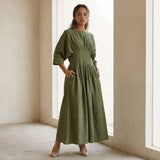 Olive Green Cotton Flax Cinched Waist Flared Maxi Dress