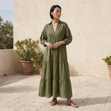 Olive Green Cotton Flax Deep-V Maxi Tier Dress