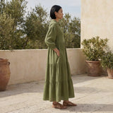 Olive Green Cotton Flax Deep-V Maxi Tier Dress